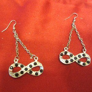 VTG PAIR OF PIERCED EARRINGS, SILVERTONE W/INFINITY SYMBOL, W/BLACK CRYSTALS